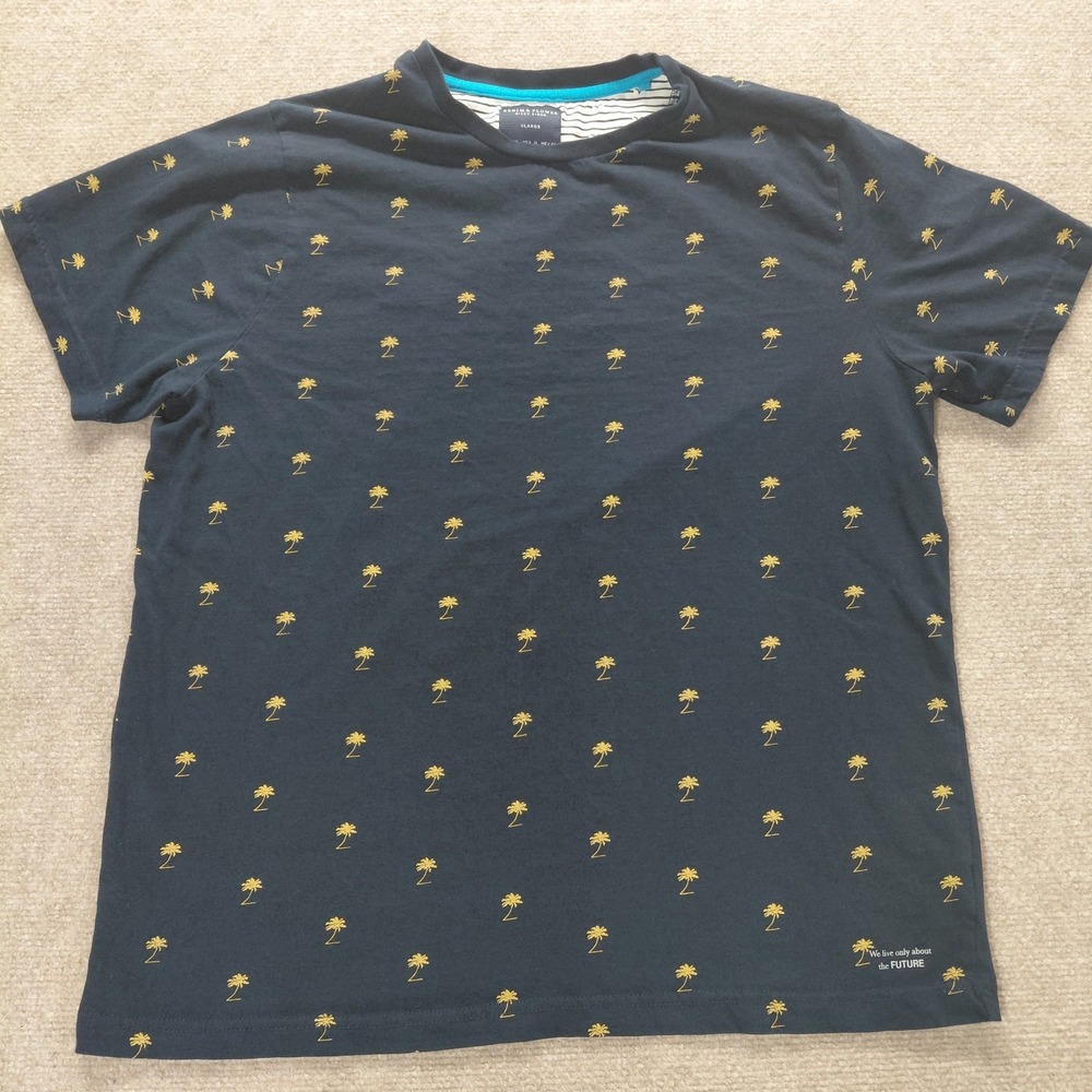 Denim & Flower Ricky Singh Navy Blue w/ Gold Palm Tree Pattern Mens Tshirt Sz XL